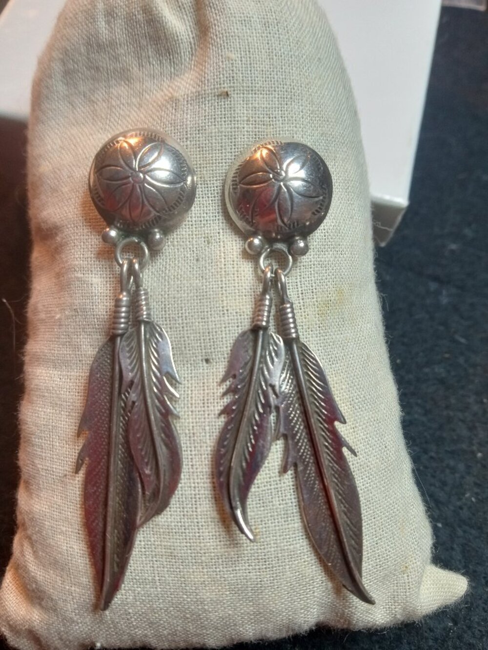 Native American Silver Navajo-made feather and concho earrings